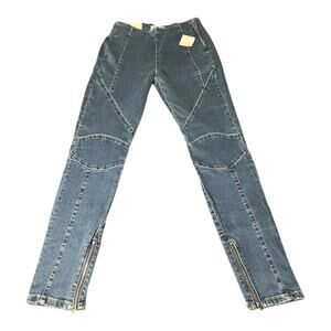 NWT Free People We The Free Bella Moto Mid Rise Skinny Jeans 25‎ Blue Ankle Zip